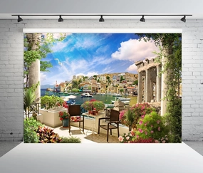 BELECO 12x8ft Fabric Europe Italy Photography Backdrop Tuscany Romantic Terrace View of Mediterranean Bay Boat Costal City Scenery Cafe Restaurant for Italian Theme Party Decorations Photo Props