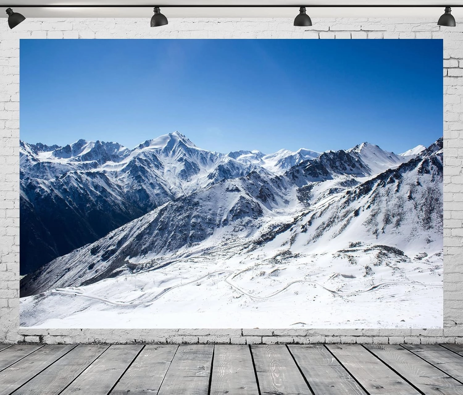 BELECO 12x8ft Fabric Winter Snow Mountains Photography Backdrop White Snow-Covered Mountain Tops Alpine Scenery Mountain Road Background Outdoor Adventure Holiday Travel Portrait Photo Studio Props