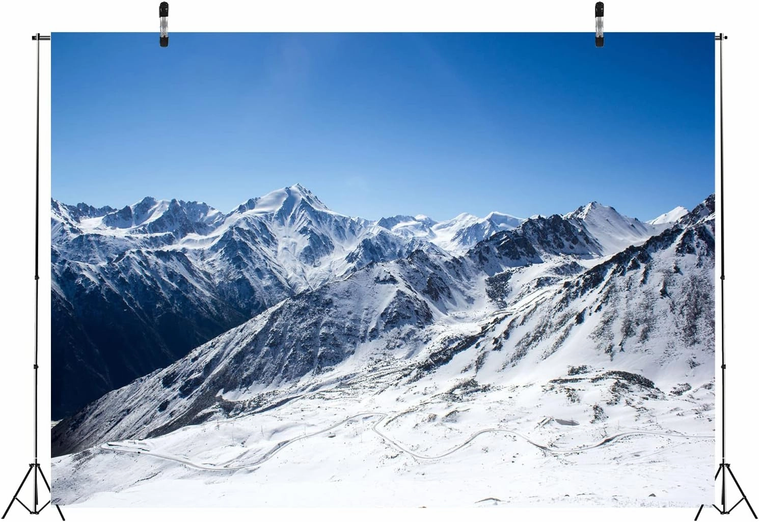 BELECO 12x8ft Fabric Winter Snow Mountains Photography Backdrop White Snow-Covered Mountain Tops Alpine Scenery Mountain Road Background Outdoor Adventure Holiday Travel Portrait Photo Studio Props