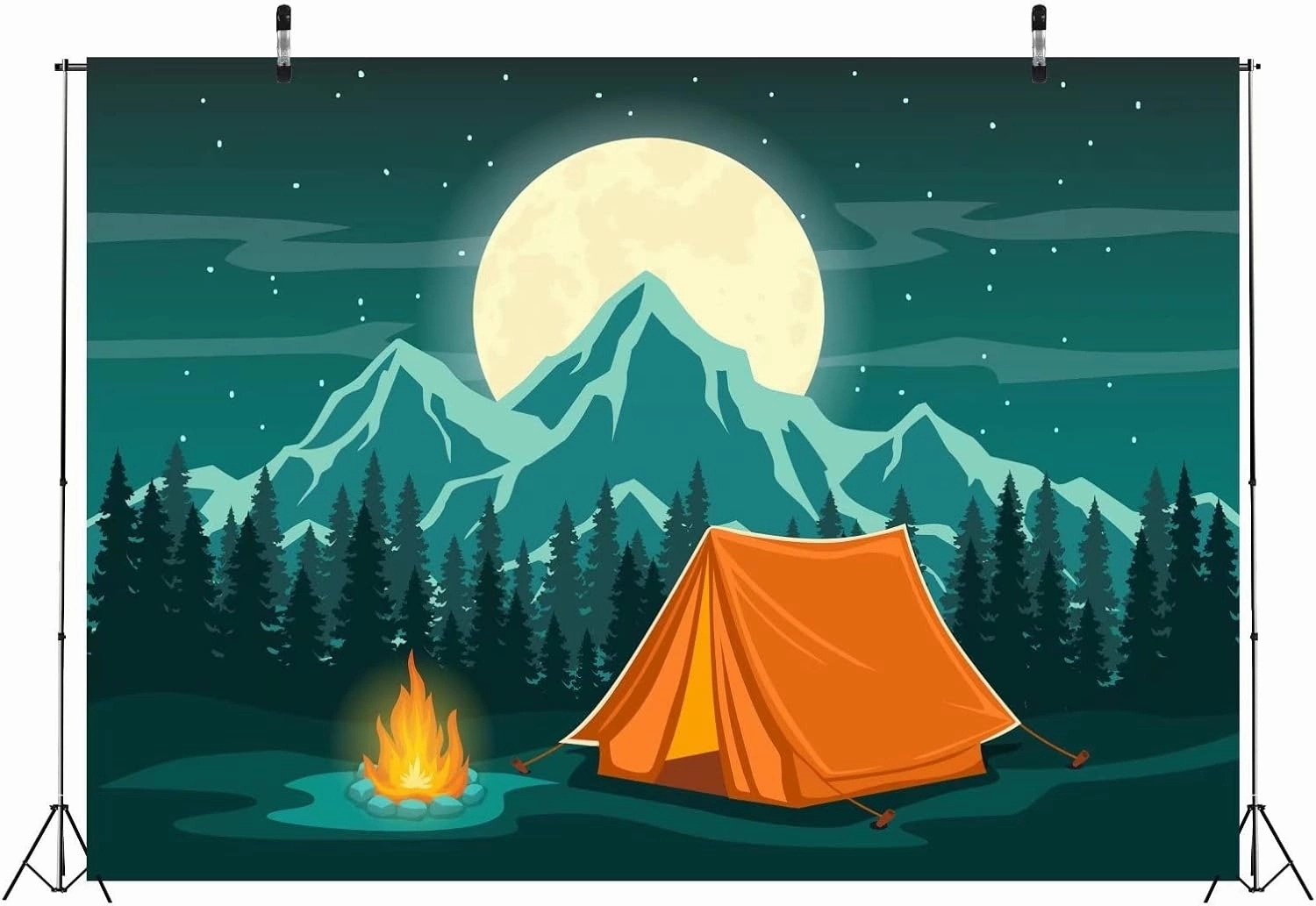 BELECO 7x5ft Fabric Cartoon Camping Backdrop Night Mountain Forest Scene Camping Tent Campfire Background Camping Themed Party Decorations Birthday Shoot Baby Kids Adults Photo Props