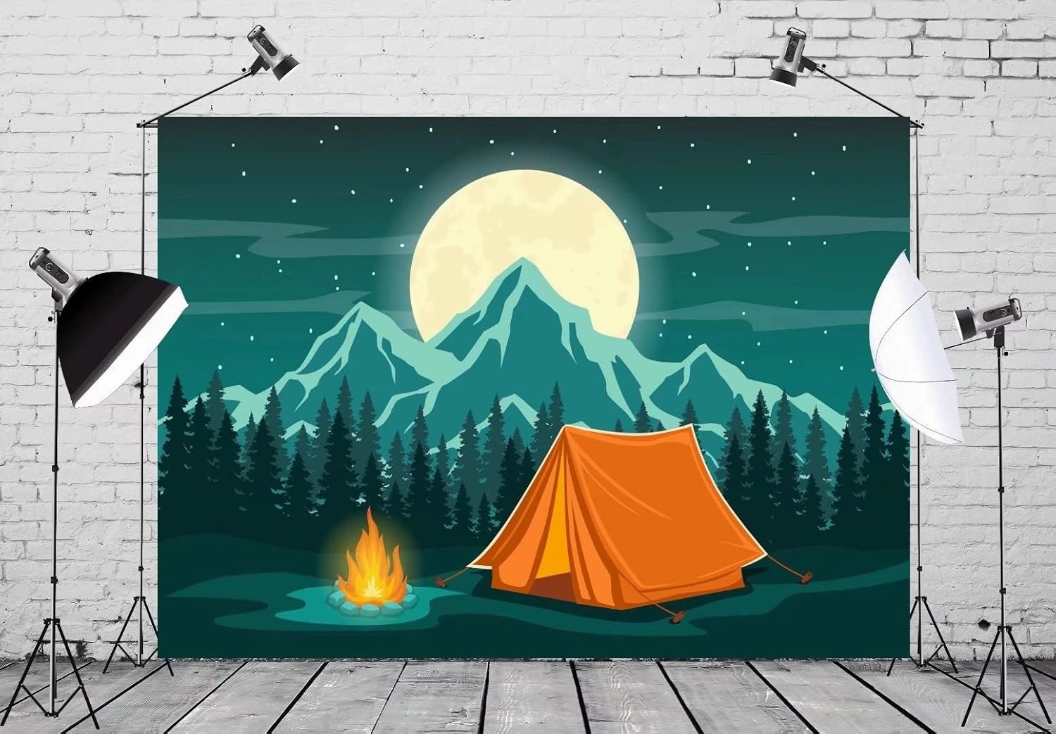 BELECO 7x5ft Fabric Cartoon Camping Backdrop Night Mountain Forest Scene Camping Tent Campfire Background Camping Themed Party Decorations Birthday Shoot Baby Kids Adults Photo Props