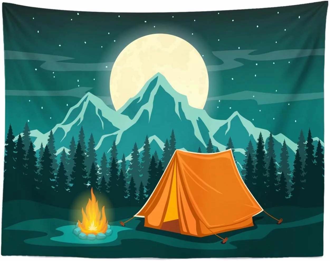 BELECO 7x5ft Fabric Cartoon Camping Backdrop Night Mountain Forest Scene Camping Tent Campfire Background Camping Themed Party Decorations Birthday Shoot Baby Kids Adults Photo Props