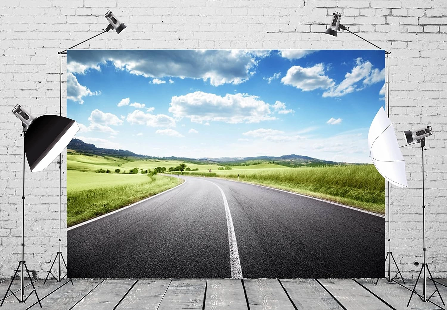 BELECO 7x5ft Fabric Country Road Backdrop Rural Countryside Road Trip Highway Under Blue Sky White Clouds Nature Scenery Background Outdoor Travel Portrait Photoshoot Studio Props