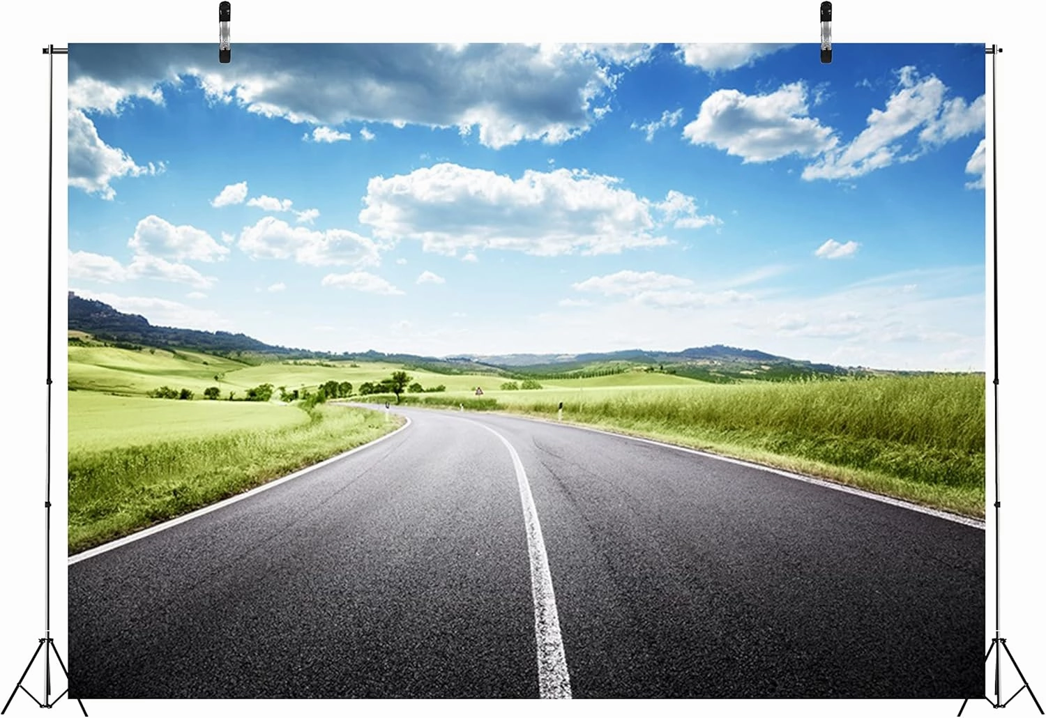 BELECO 7x5ft Fabric Country Road Backdrop Rural Countryside Road Trip Highway Under Blue Sky White Clouds Nature Scenery Background Outdoor Travel Portrait Photoshoot Studio Props