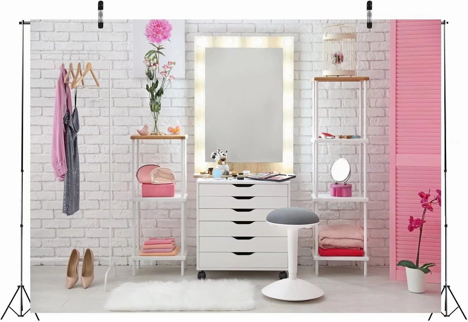 BELECO 7x5ft Fabric Pink Makeup Room Backdrop Makeup Backdrop for Photography Dressing Room Beauty Salon Dressing Table Cosmetics Mirror Makeup Artist Background Girls Ladies Live Video Photo Props