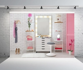 BELECO 7x5ft Fabric Pink Makeup Room Backdrop Makeup Backdrop for Photography Dressing Room Beauty Salon Dressing Table Cosmetics Mirror Makeup Artist Background Girls Ladies Live Video Photo Props