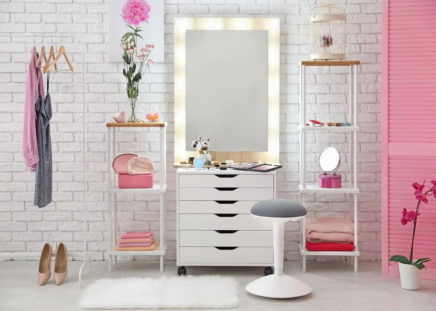 BELECO 7x5ft Fabric Pink Makeup Room Backdrop Makeup Backdrop for Photography Dressing Room Beauty Salon Dressing Table Cosmetics Mirror Makeup Artist Background Girls Ladies Live Video Photo Props