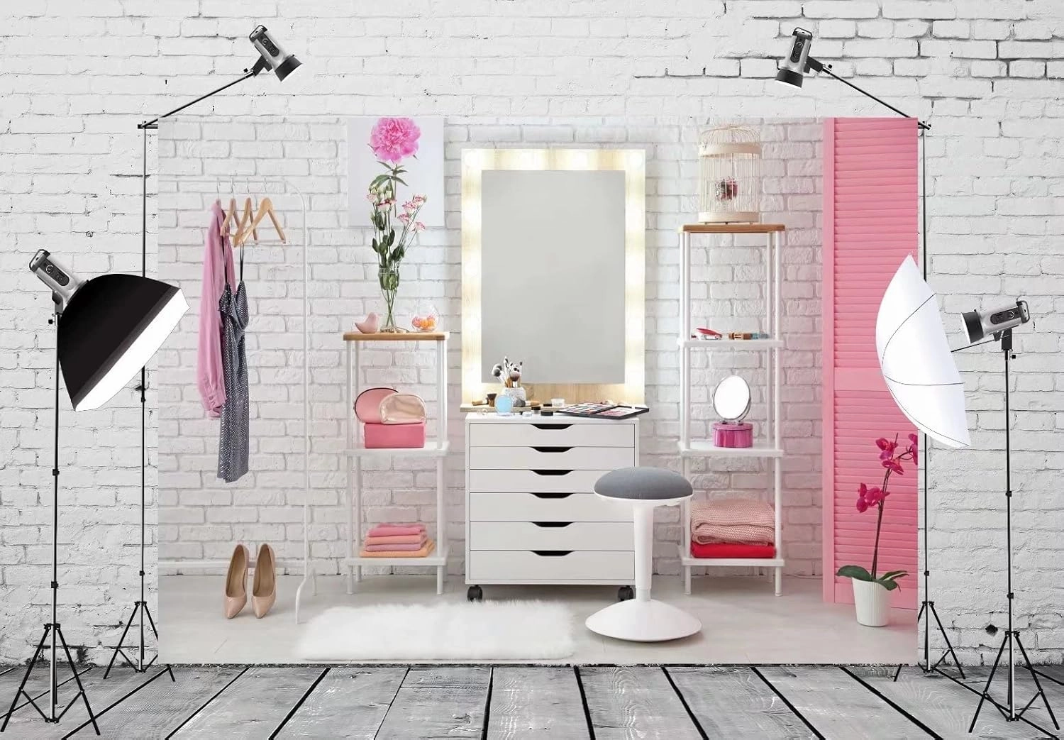 BELECO 7x5ft Fabric Pink Makeup Room Backdrop Makeup Backdrop for Photography Dressing Room Beauty Salon Dressing Table Cosmetics Mirror Makeup Artist Background Girls Ladies Live Video Photo Props