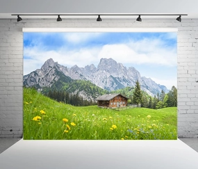 BELECO 8x6ft Fabric Europe Austrian Alpine Mountain Backdrop for Photography Green Grassland Cabin Forest Spring Flowers Background Wallpaper Home Decor Photo Portraits Video Studio Photo Props
