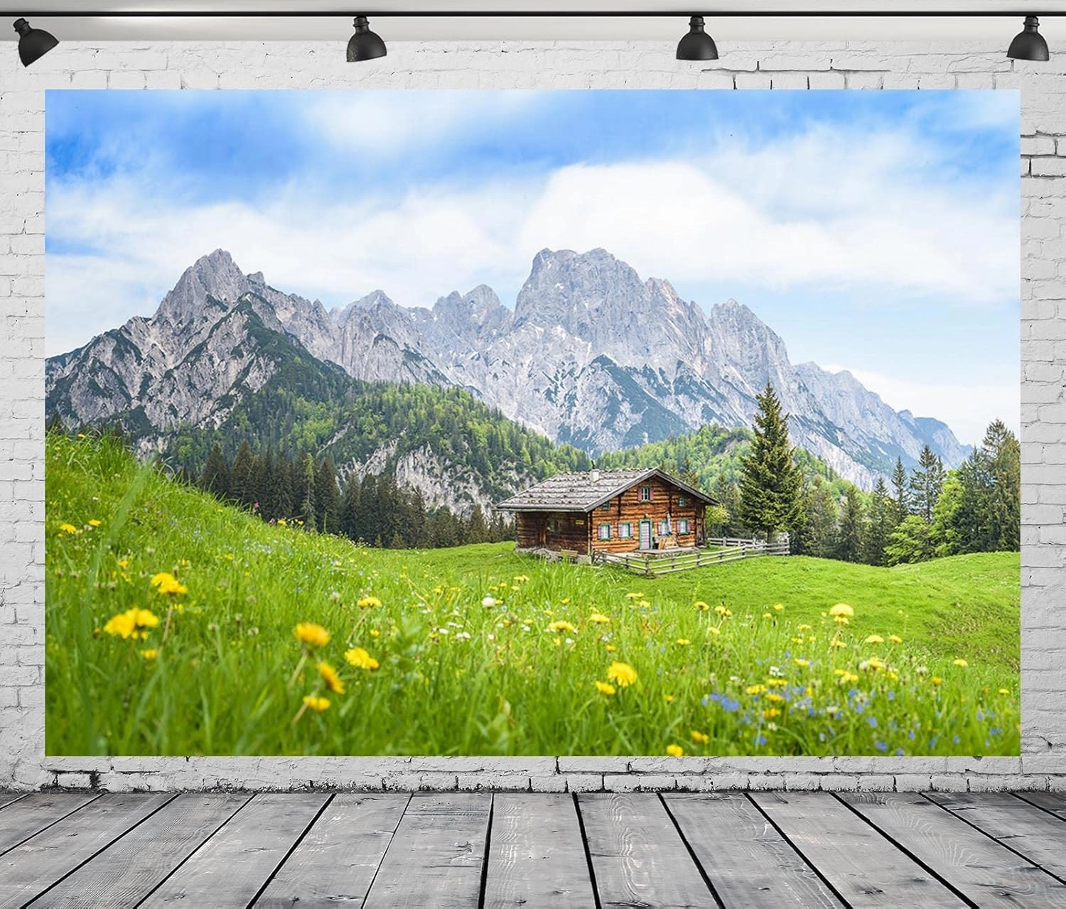BELECO 8x6ft Fabric Europe Austrian Alpine Mountain Backdrop for Photography Green Grassland Cabin Forest Spring Flowers Background Wallpaper Home Decor Photo Portraits Video Studio Photo Props