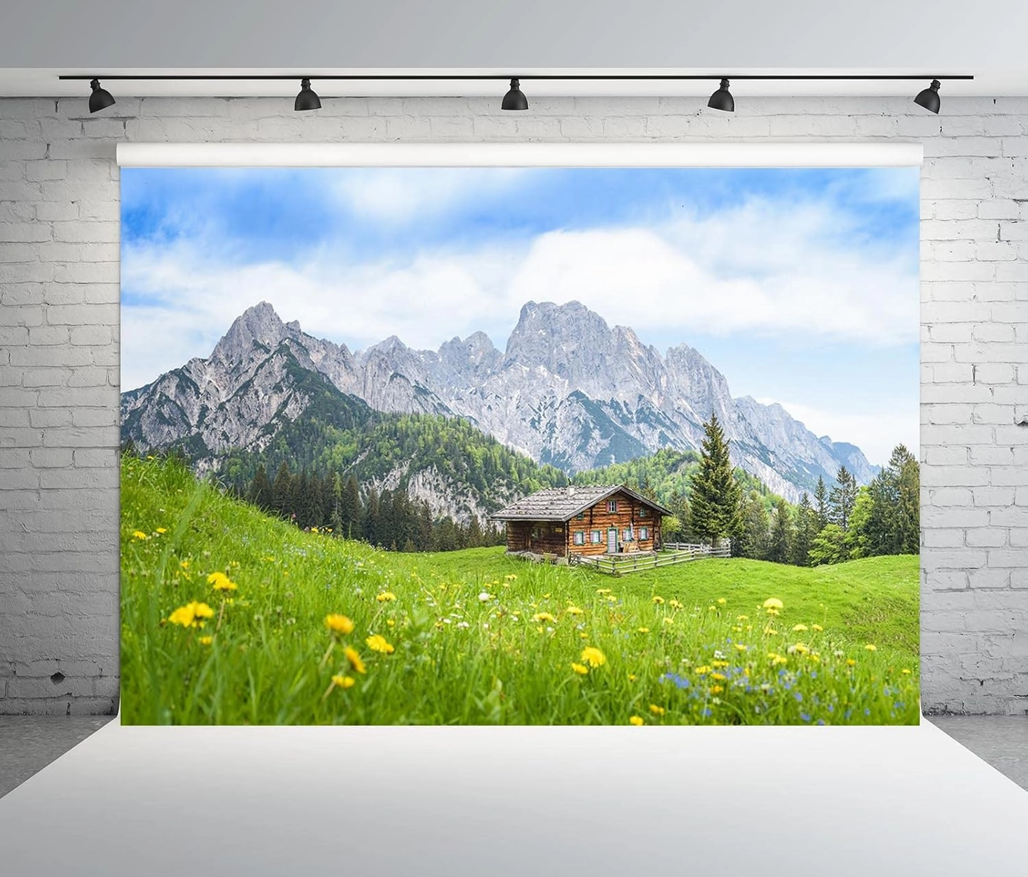 BELECO 8x6ft Fabric Europe Austrian Alpine Mountain Backdrop for Photography Green Grassland Cabin Forest Spring Flowers Background Wallpaper Home Decor Photo Portraits Video Studio Photo Props