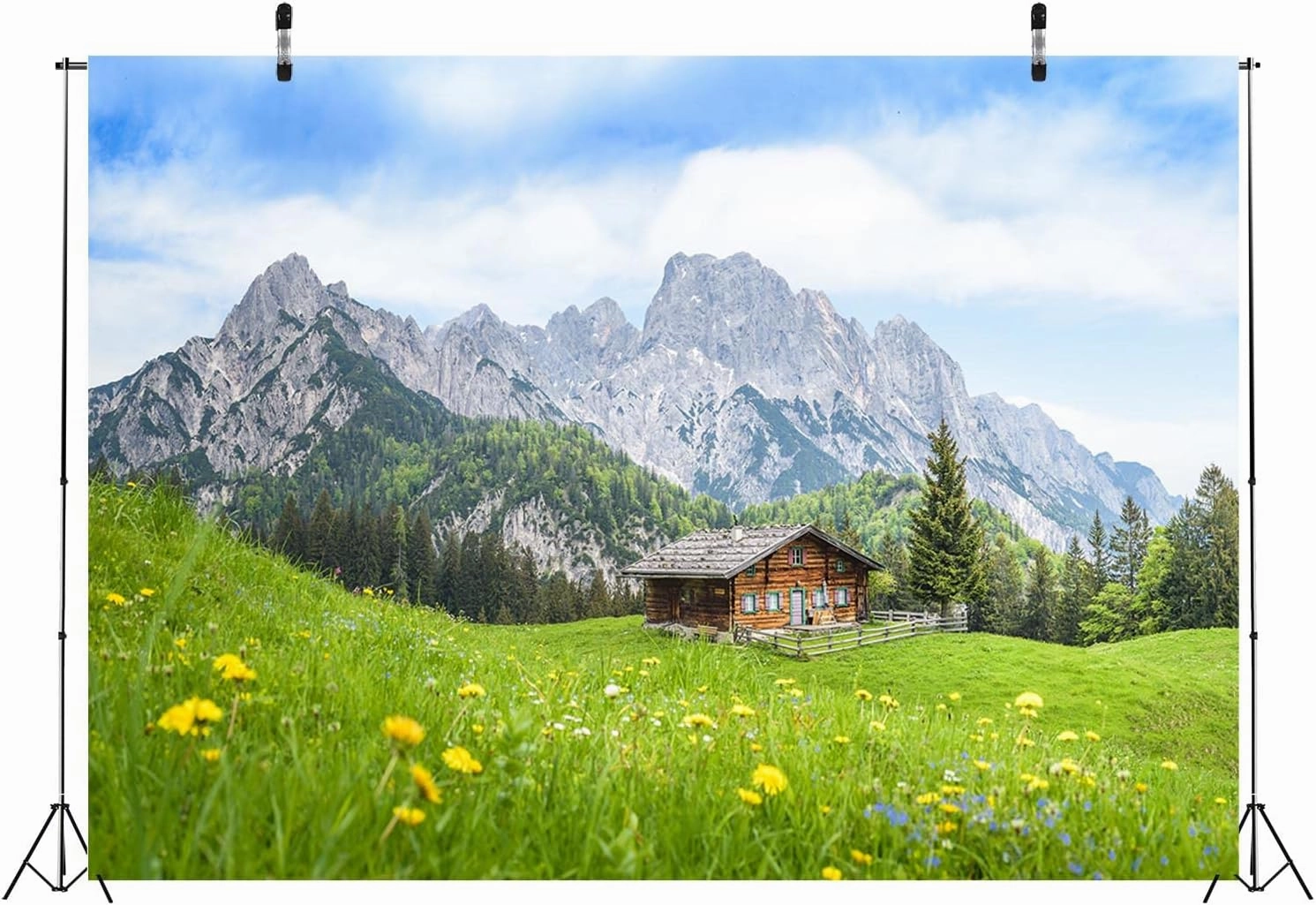 BELECO 8x6ft Fabric Europe Austrian Alpine Mountain Backdrop for Photography Green Grassland Cabin Forest Spring Flowers Background Wallpaper Home Decor Photo Portraits Video Studio Photo Props