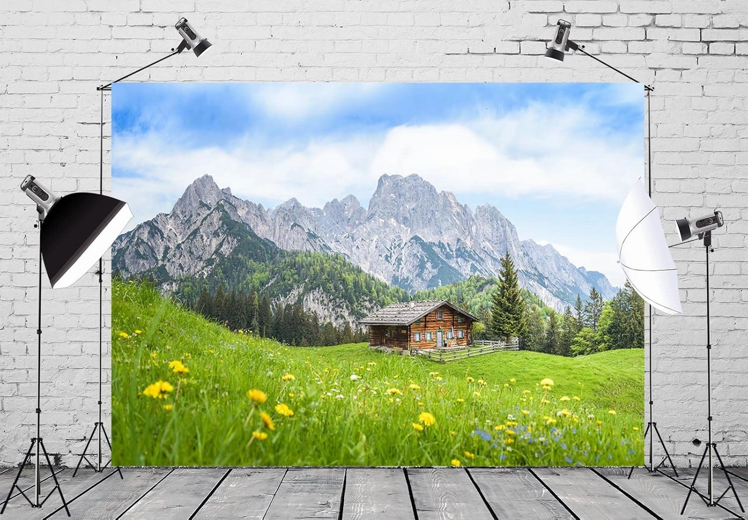BELECO 8x6ft Fabric Europe Austrian Alpine Mountain Backdrop for Photography Green Grassland Cabin Forest Spring Flowers Background Wallpaper Home Decor Photo Portraits Video Studio Photo Props