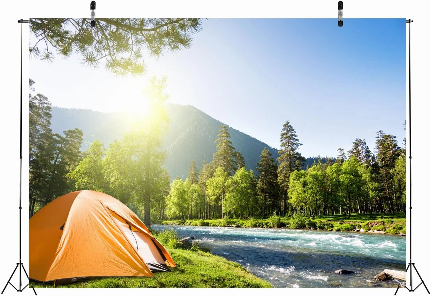 BELECO 8x6ft Fabric Mountain Forest Camping Backdrop Sunshine Outdoor Travel Hiking Mountains Pine Trees River Landscape Grassland Camp Tents Background Kids Birthday Party Decor Photo Shoot Props