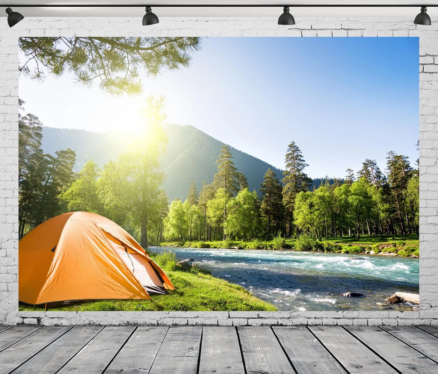 BELECO 8x6ft Fabric Mountain Forest Camping Backdrop Sunshine Outdoor Travel Hiking Mountains Pine Trees River Landscape Grassland Camp Tents Background Kids Birthday Party Decor Photo Shoot Props