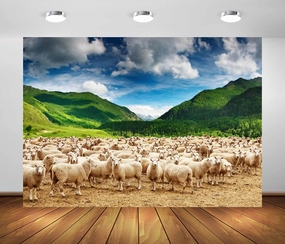 BELECO 8x6ft Fabric Rural Pasture Herd of Sheep Backdrop for Photography Green Mountains Alps Highland Sheep Lamb Spring Summer Grazing Background Shepherds Photoshoot Studio Booth Props Wallpaper