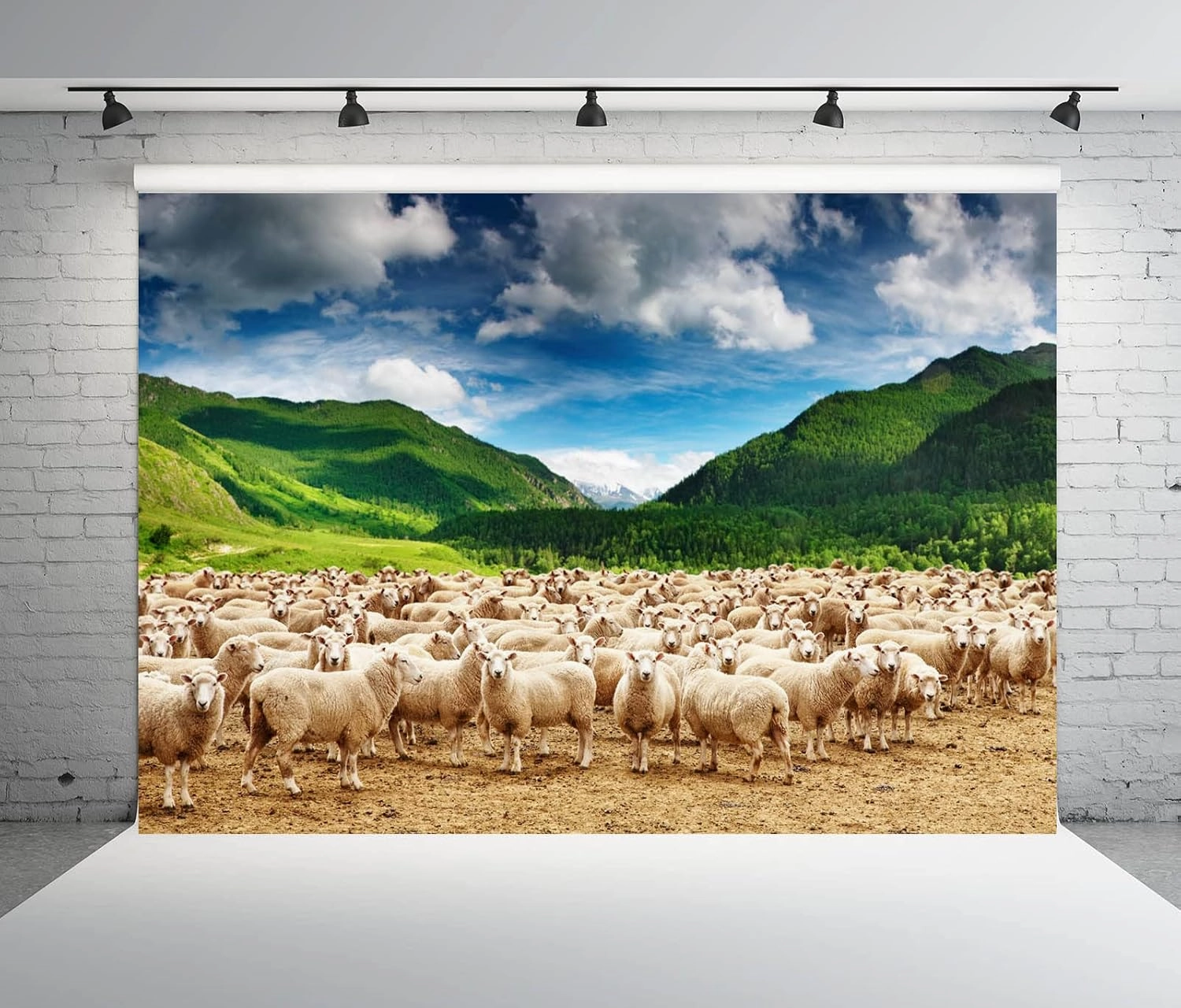 BELECO 8x6ft Fabric Rural Pasture Herd of Sheep Backdrop for Photography Green Mountains Alps Highland Sheep Lamb Spring Summer Grazing Background Shepherds Photoshoot Studio Booth Props Wallpaper