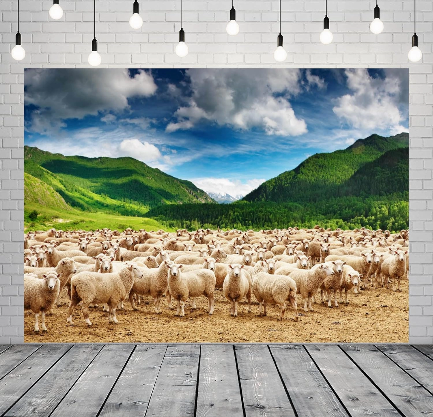 BELECO 8x6ft Fabric Rural Pasture Herd of Sheep Backdrop for Photography Green Mountains Alps Highland Sheep Lamb Spring Summer Grazing Background Shepherds Photoshoot Studio Booth Props Wallpaper