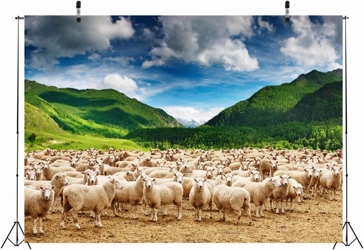 BELECO 8x6ft Fabric Rural Pasture Herd of Sheep Backdrop for Photography Green Mountains Alps Highland Sheep Lamb Spring Summer Grazing Background Shepherds Photoshoot Studio Booth Props Wallpaper