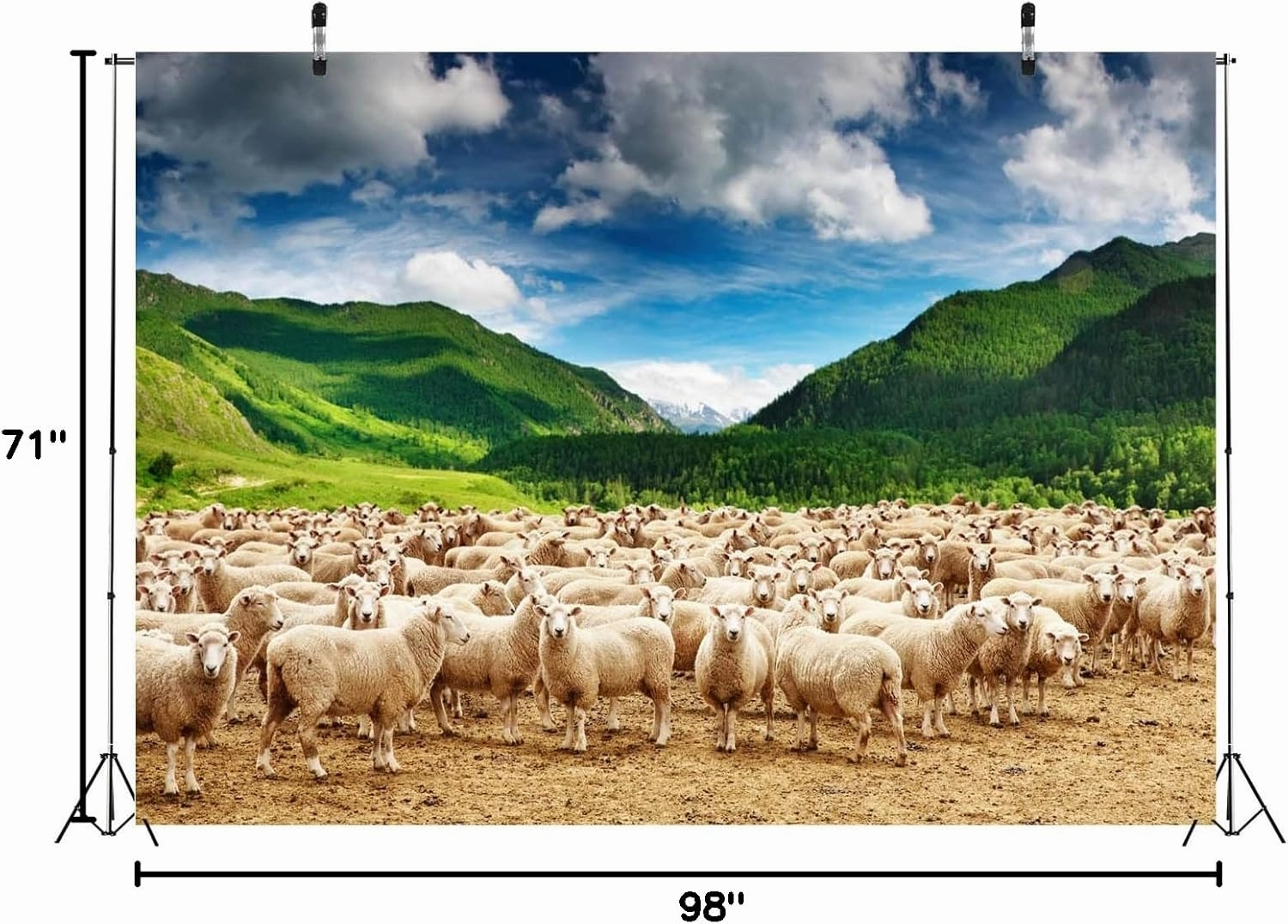 BELECO 8x6ft Fabric Rural Pasture Herd of Sheep Backdrop for Photography Green Mountains Alps Highland Sheep Lamb Spring Summer Grazing Background Shepherds Photoshoot Studio Booth Props Wallpaper