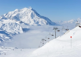 BELECO 8x6ft Fabric Winter Snow Mountains Photography Backdrop White Snow-Covered Alps Cable Cars Ski Resort Blue Sky White Clouds Background Outdoor Adventure Winter Travel Portrait Photo Props
