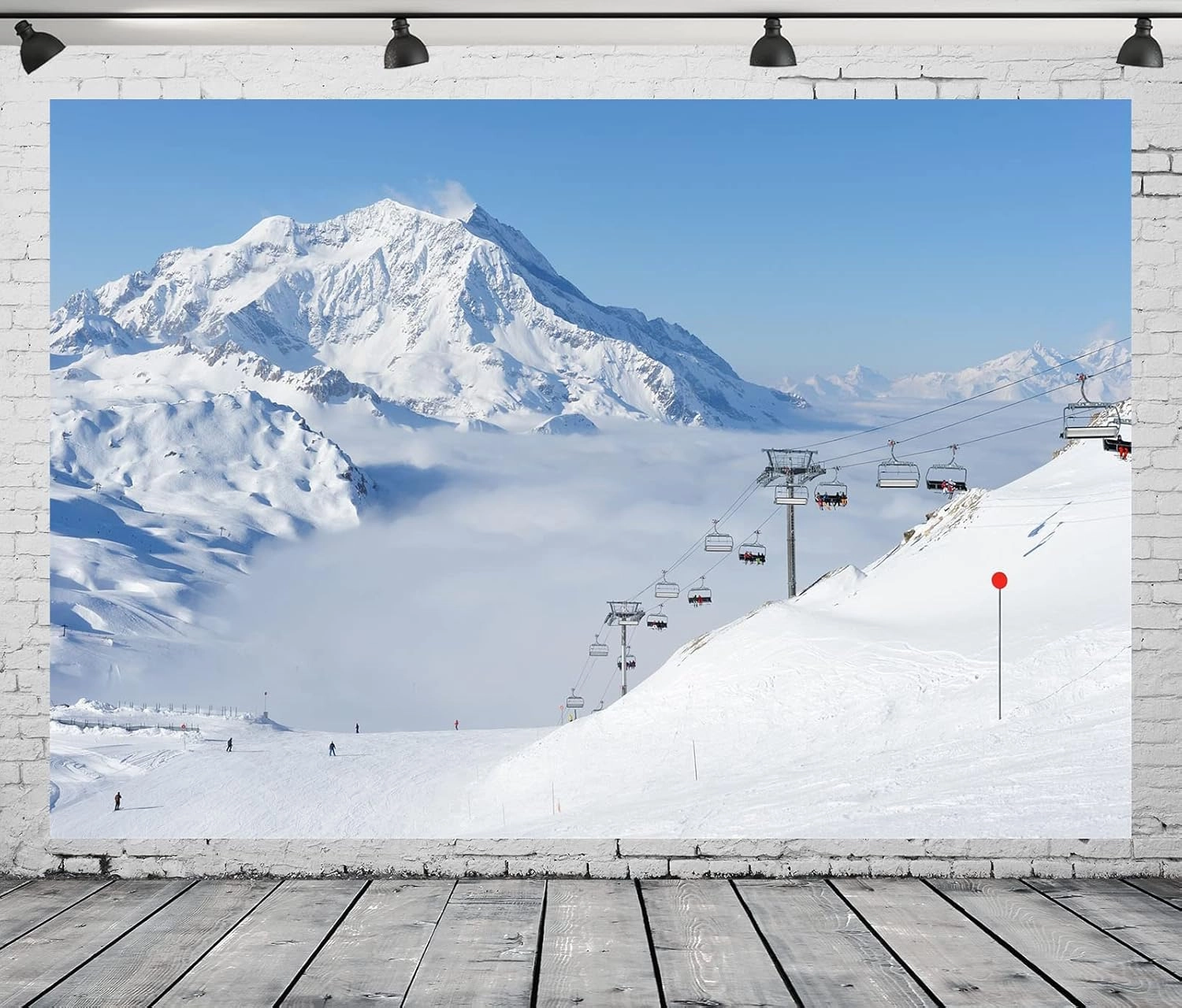 BELECO 8x6ft Fabric Winter Snow Mountains Photography Backdrop White Snow-Covered Alps Cable Cars Ski Resort Blue Sky White Clouds Background Outdoor Adventure Winter Travel Portrait Photo Props