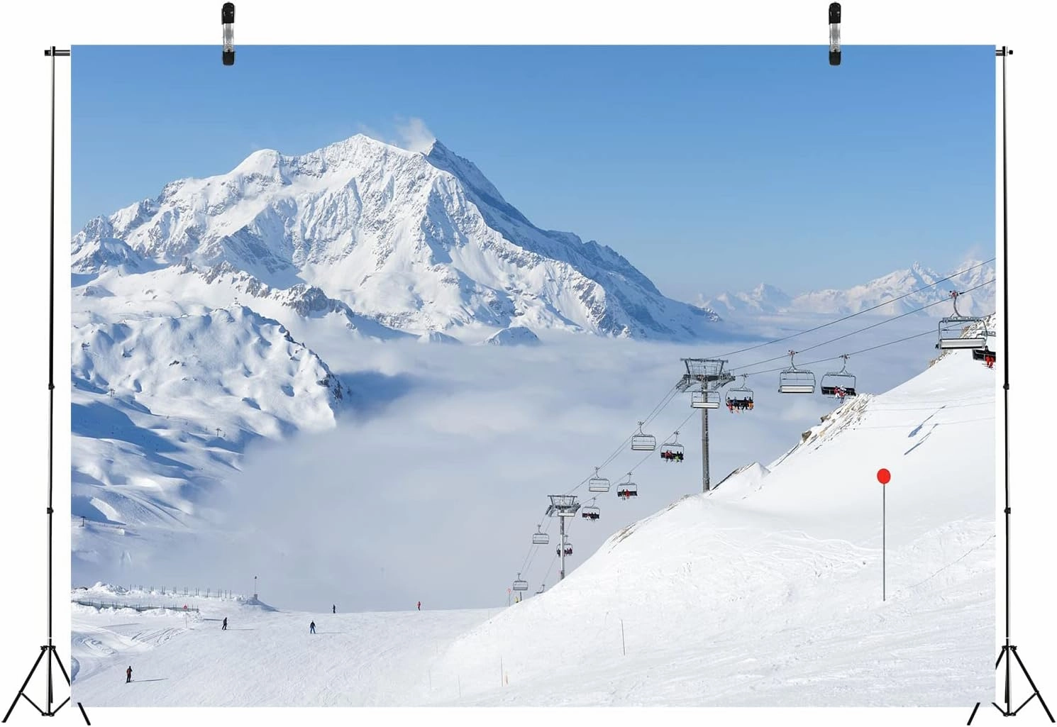 BELECO 8x6ft Fabric Winter Snow Mountains Photography Backdrop White Snow-Covered Alps Cable Cars Ski Resort Blue Sky White Clouds Background Outdoor Adventure Winter Travel Portrait Photo Props