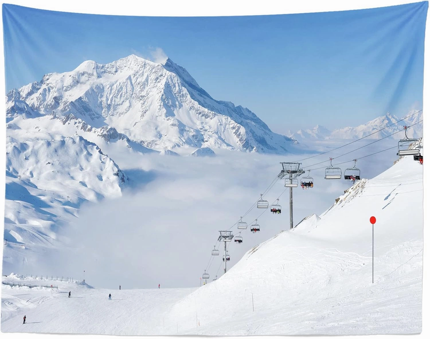 BELECO 8x6ft Fabric Winter Snow Mountains Photography Backdrop White Snow-Covered Alps Cable Cars Ski Resort Blue Sky White Clouds Background Outdoor Adventure Winter Travel Portrait Photo Props