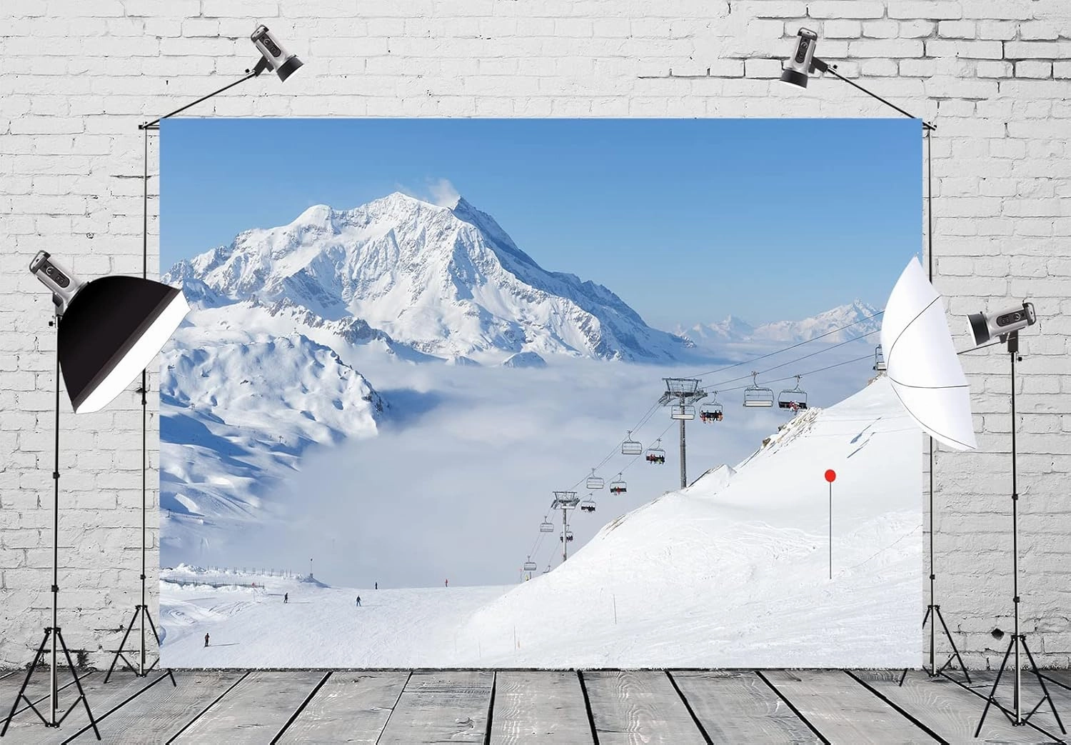 BELECO 8x6ft Fabric Winter Snow Mountains Photography Backdrop White Snow-Covered Alps Cable Cars Ski Resort Blue Sky White Clouds Background Outdoor Adventure Winter Travel Portrait Photo Props
