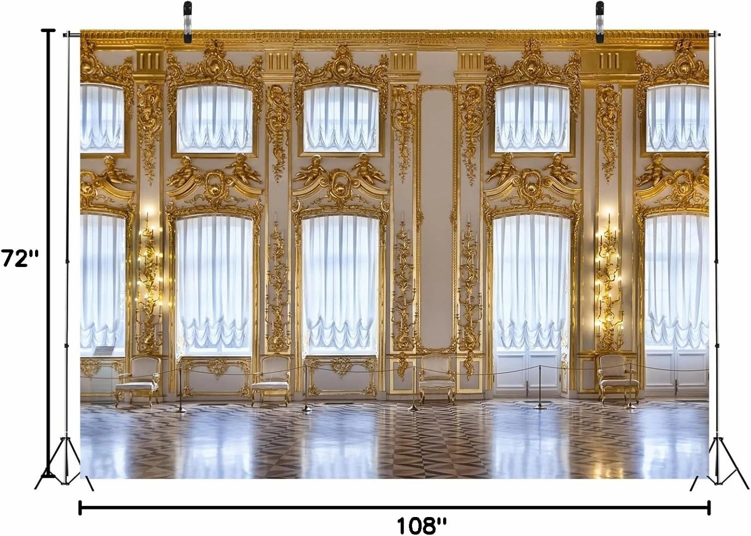 BELECO Luxurious Palace Backdrop Fabric 9x6ft European Palace Wall Royal Castle Golden Hall Catherine Palace Interior Ballroom Background Wedding Photography Portrait Photoshoot Studio Props