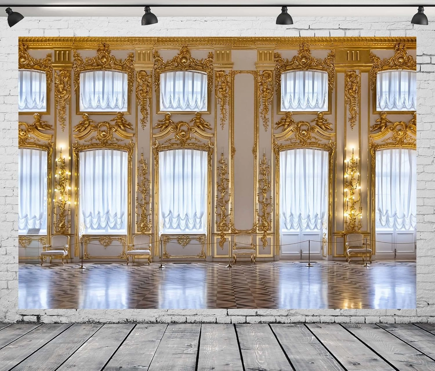 BELECO Luxurious Palace Backdrop Fabric 9x6ft European Palace Wall Royal Castle Golden Hall Catherine Palace Interior Ballroom Background Wedding Photography Portrait Photoshoot Studio Props
