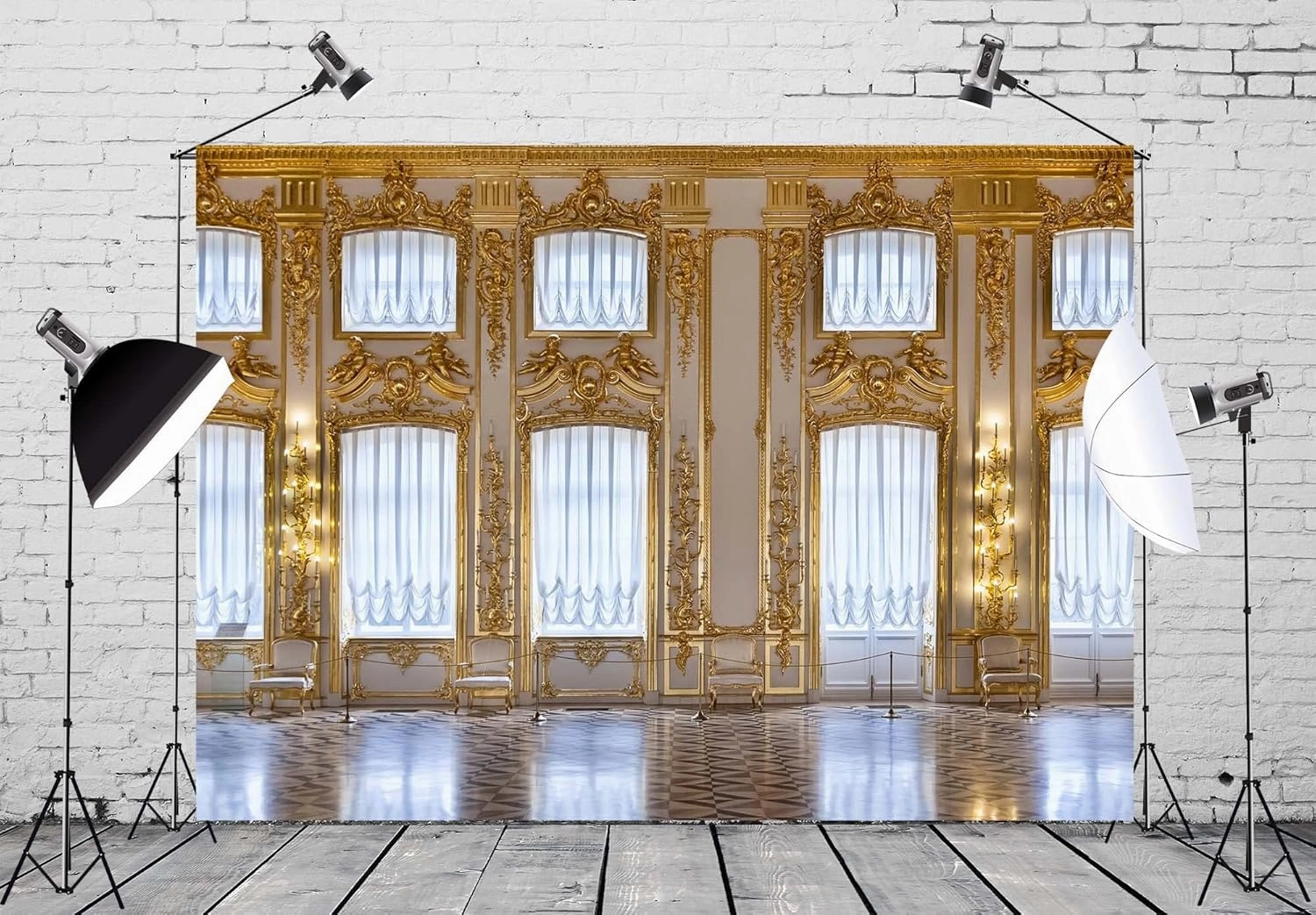 BELECO Luxurious Palace Backdrop Fabric 9x6ft European Palace Wall Royal Castle Golden Hall Catherine Palace Interior Ballroom Background Wedding Photography Portrait Photoshoot Studio Props
