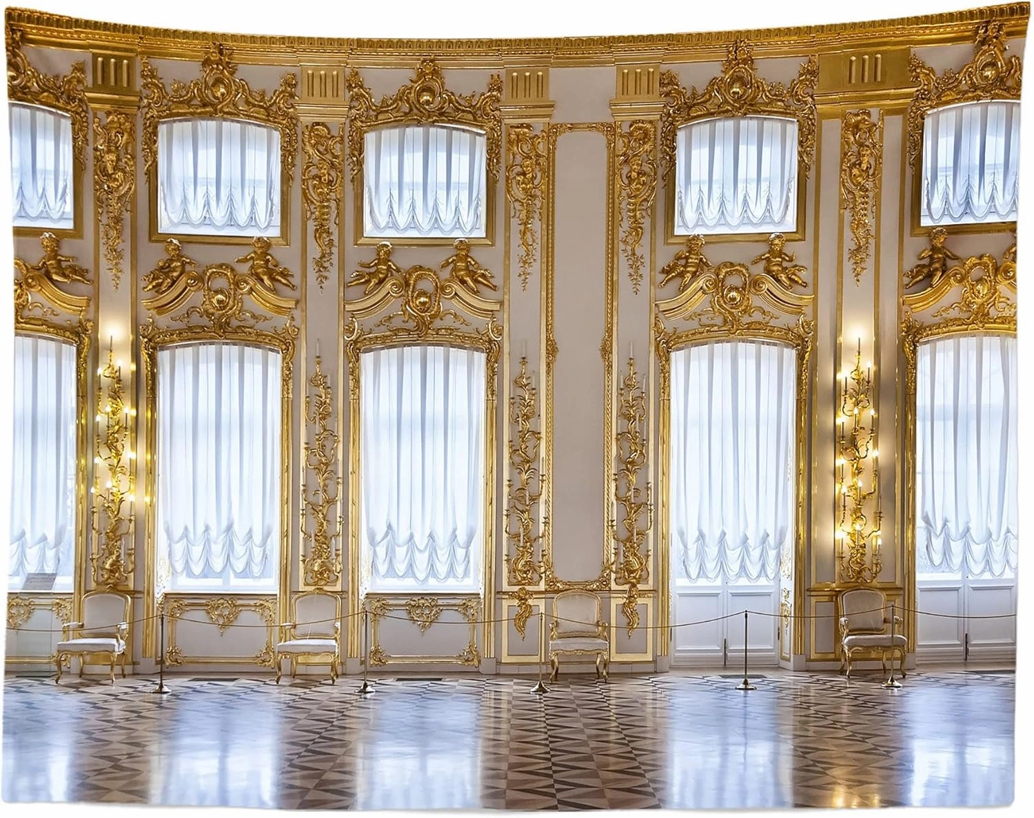 BELECO Luxurious Palace Backdrop Fabric 9x6ft European Palace Wall Royal Castle Golden Hall Catherine Palace Interior Ballroom Background Wedding Photography Portrait Photoshoot Studio Props