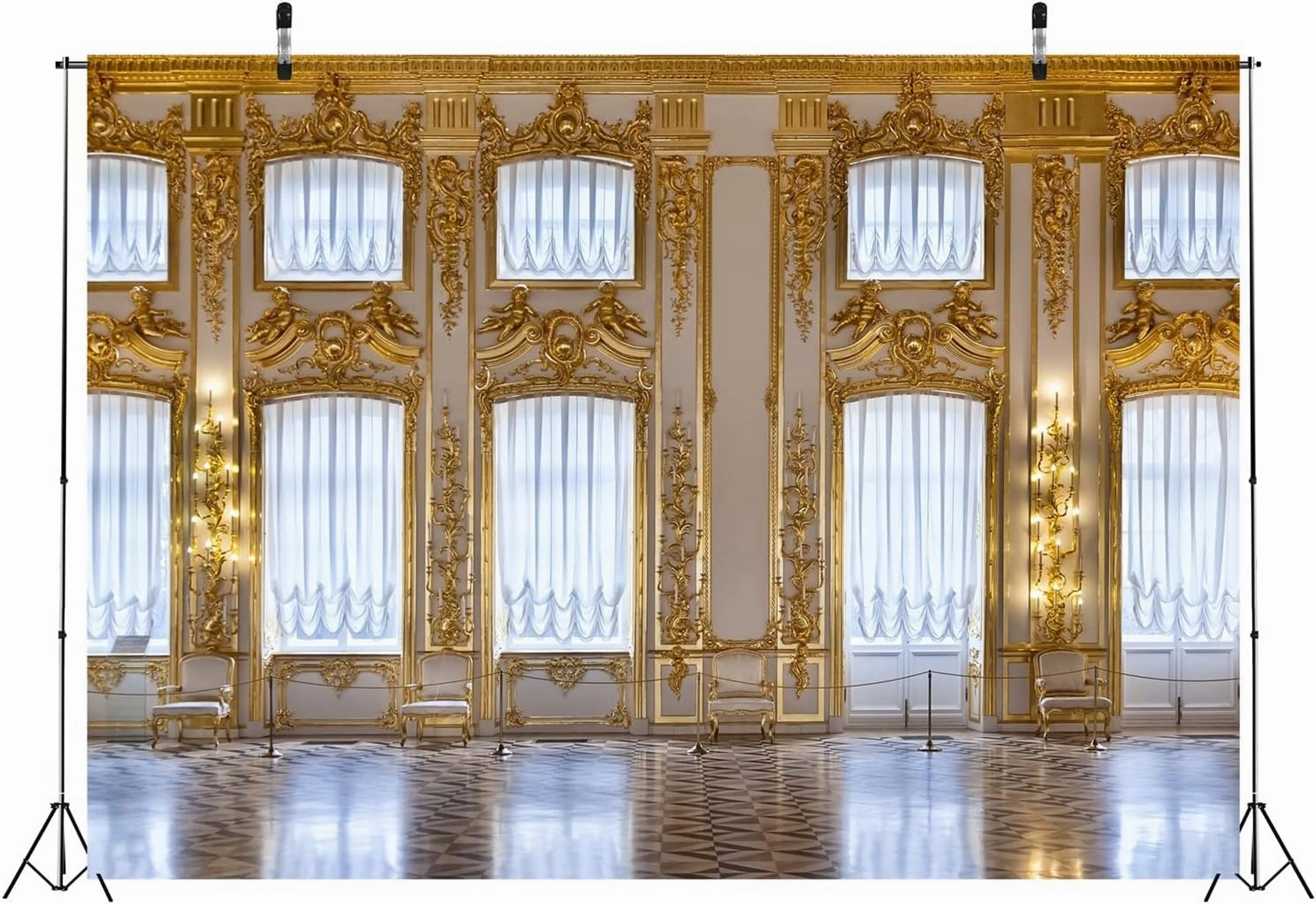BELECO Luxurious Palace Backdrop Fabric 9x6ft European Palace Wall Royal Castle Golden Hall Catherine Palace Interior Ballroom Background Wedding Photography Portrait Photoshoot Studio Props