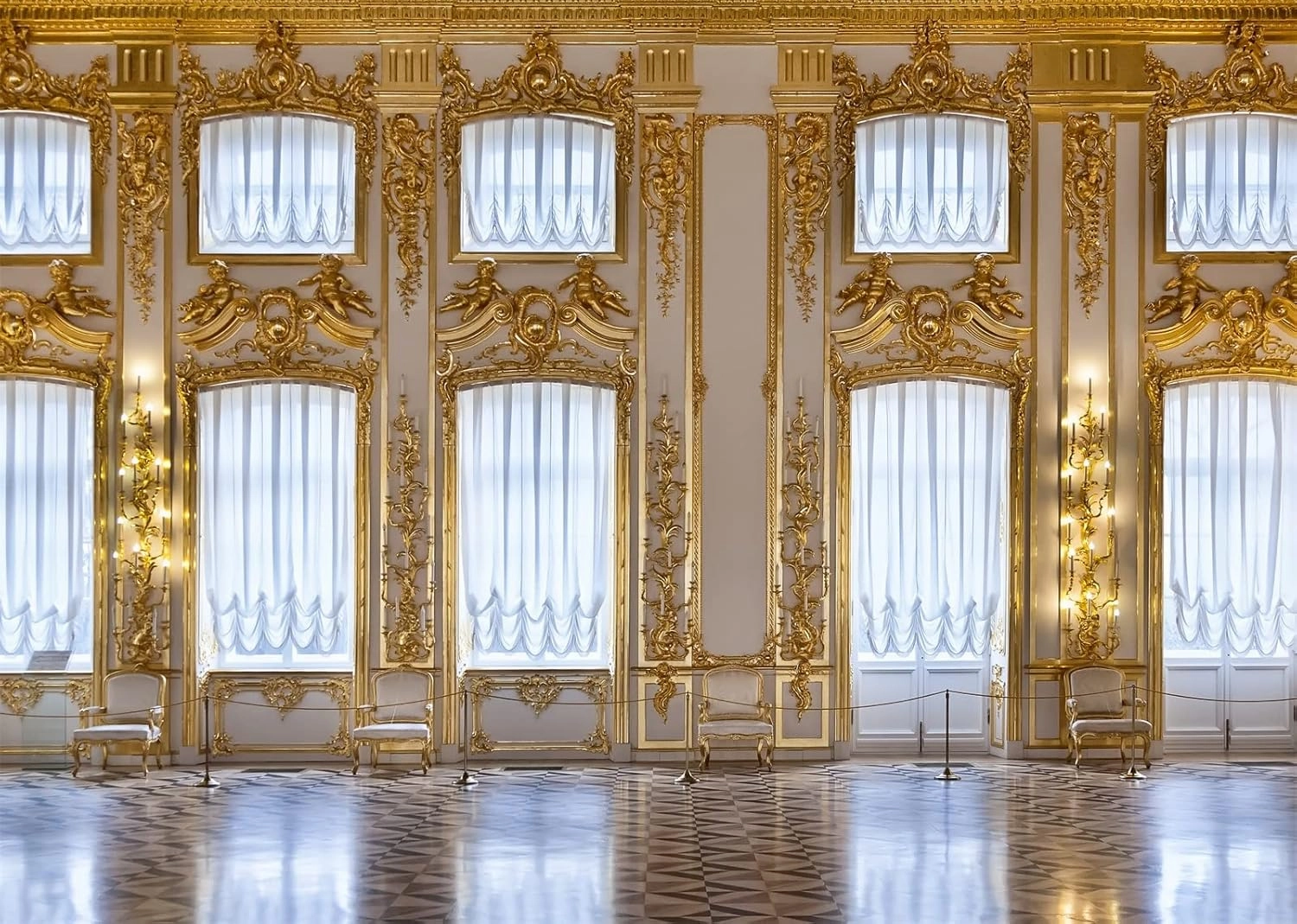 BELECO Luxurious Palace Backdrop Fabric 9x6ft European Palace Wall Royal Castle Golden Hall Catherine Palace Interior Ballroom Background Wedding Photography Portrait Photoshoot Studio Props
