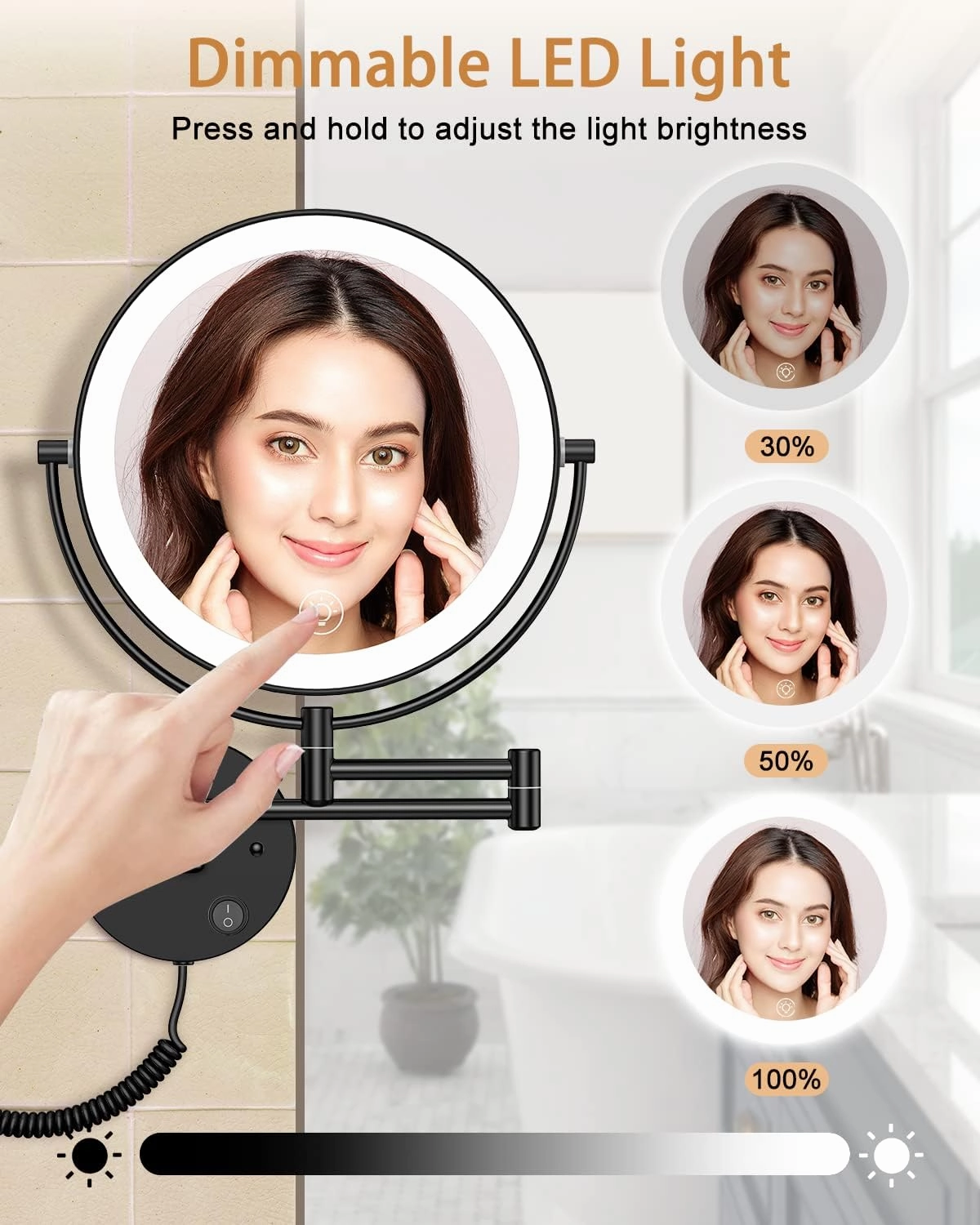 Benbilry 9" Large Wall Mounted Lighted Makeup Mirror, 1X/10X Magnifying Double-Sided AC Powered Bathroom Mirror with 3 Color Lights, Touch Dimmable, Extended Arm 360 Rotation, Black