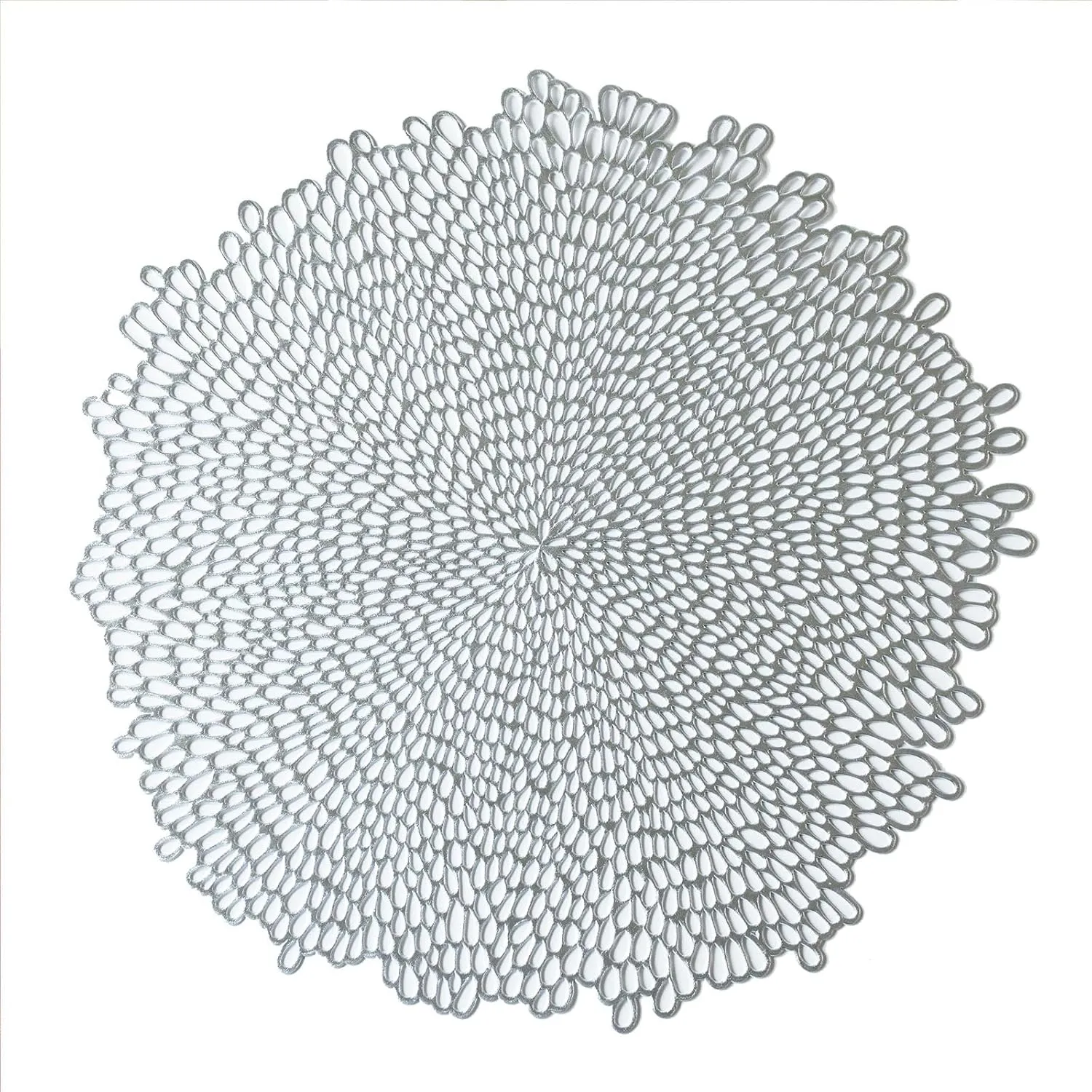 Benson Mills Bloom Pressed Vinyl Placemat Set of 4, Kitchen and Dining Table Mats, Special Occasion, Wedding, Everyday, Holiday Table Décor (15.5" Round, Set of 4, Silver)