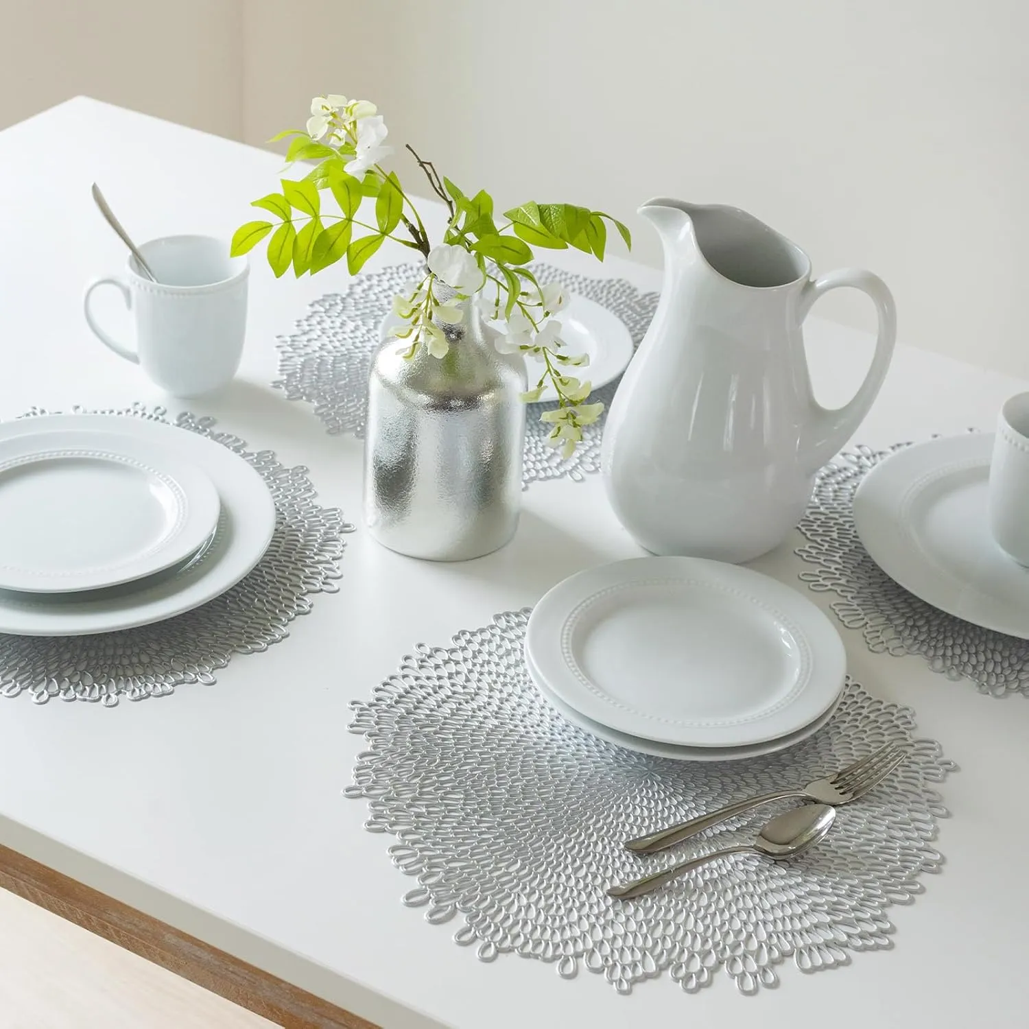 Benson Mills Bloom Pressed Vinyl Placemat Set of 4, Kitchen and Dining Table Mats, Special Occasion, Wedding, Everyday, Holiday Table Décor (15.5" Round, Set of 4, Silver)