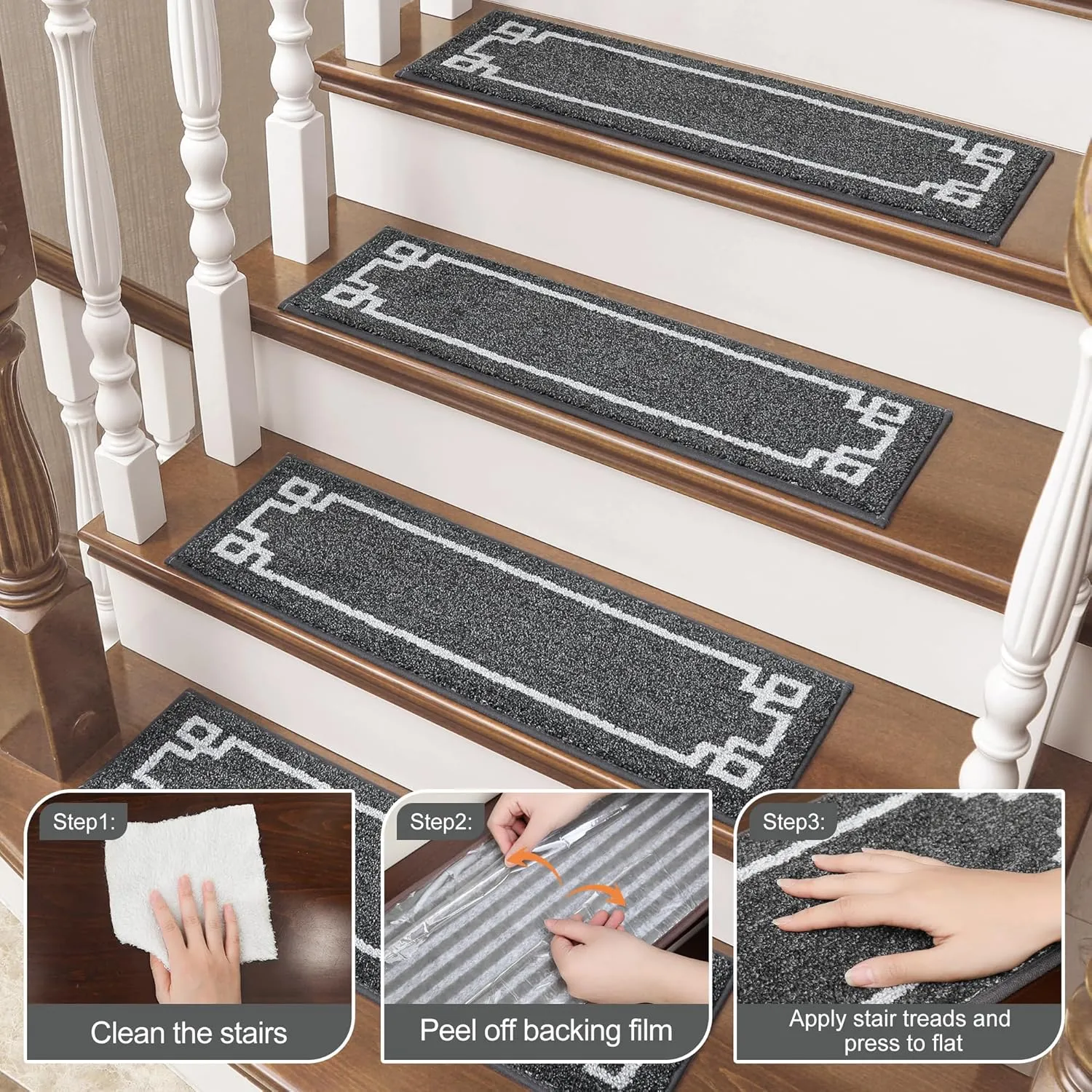 BEQHAUSE Stair Treads for Wooden Steps Non Slip Washable Carpet Stair Treads with Reusable Residue Free Backing Soft Polyester Stair Mats Indoor for Kids Elders and Dogs 9”x28”,4pcs,Dark Grey