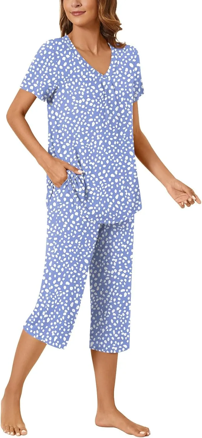 Bestbee Womens Pajama Set 2 Piece Lounge Outfits Summer Sleepwear V Neck Short Sleeve Capri Pant With Pockets Ladies Pjs