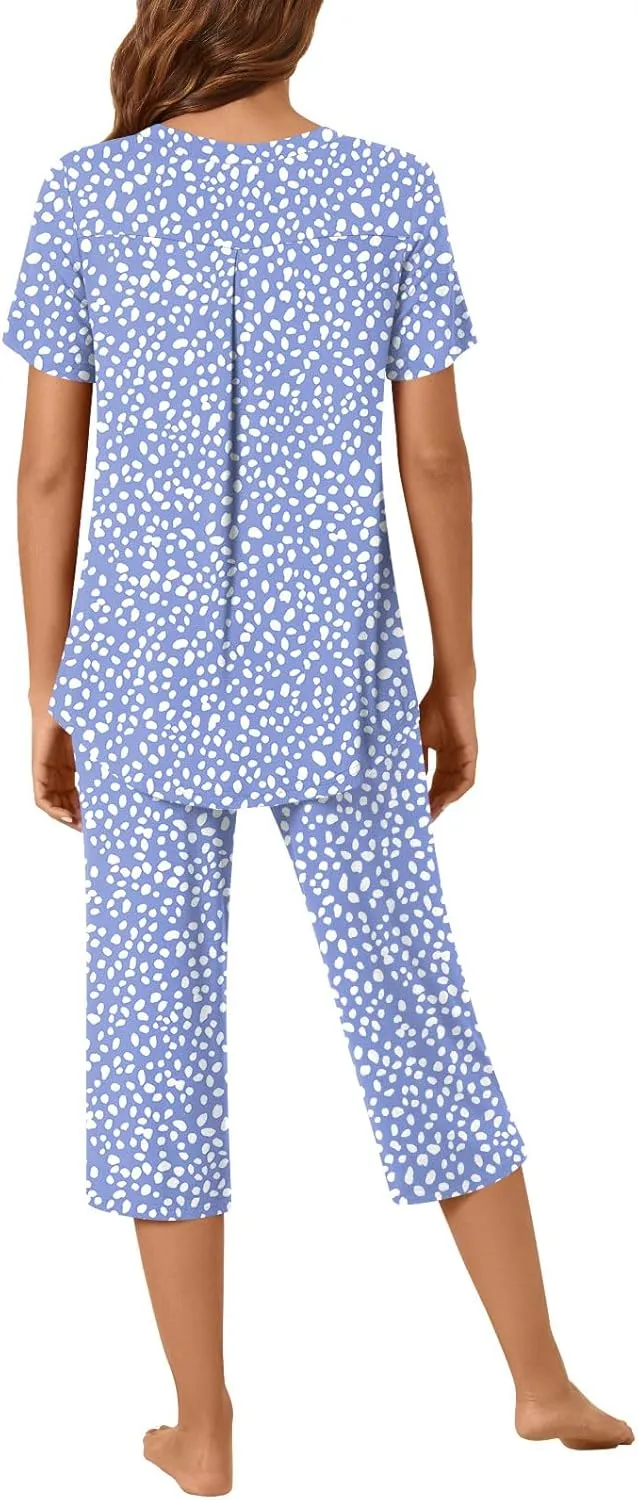 Bestbee Womens Pajama Set 2 Piece Lounge Outfits Summer Sleepwear V Neck Short Sleeve Capri Pant With Pockets Ladies Pjs