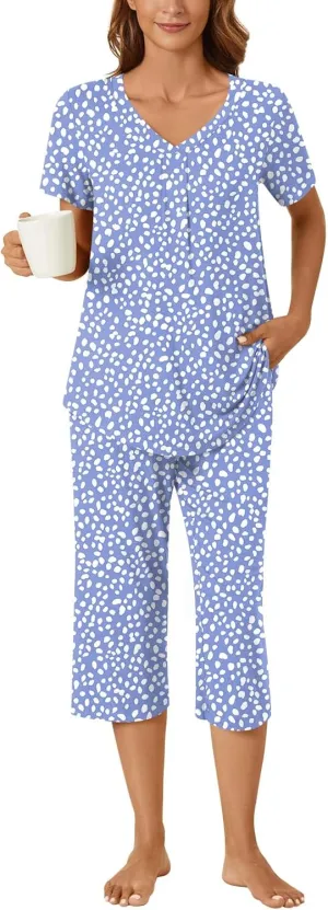 Bestbee Womens Pajama Set 2 Piece Lounge Outfits Summer Sleepwear V Neck Short Sleeve Capri Pant With Pockets Ladies Pjs