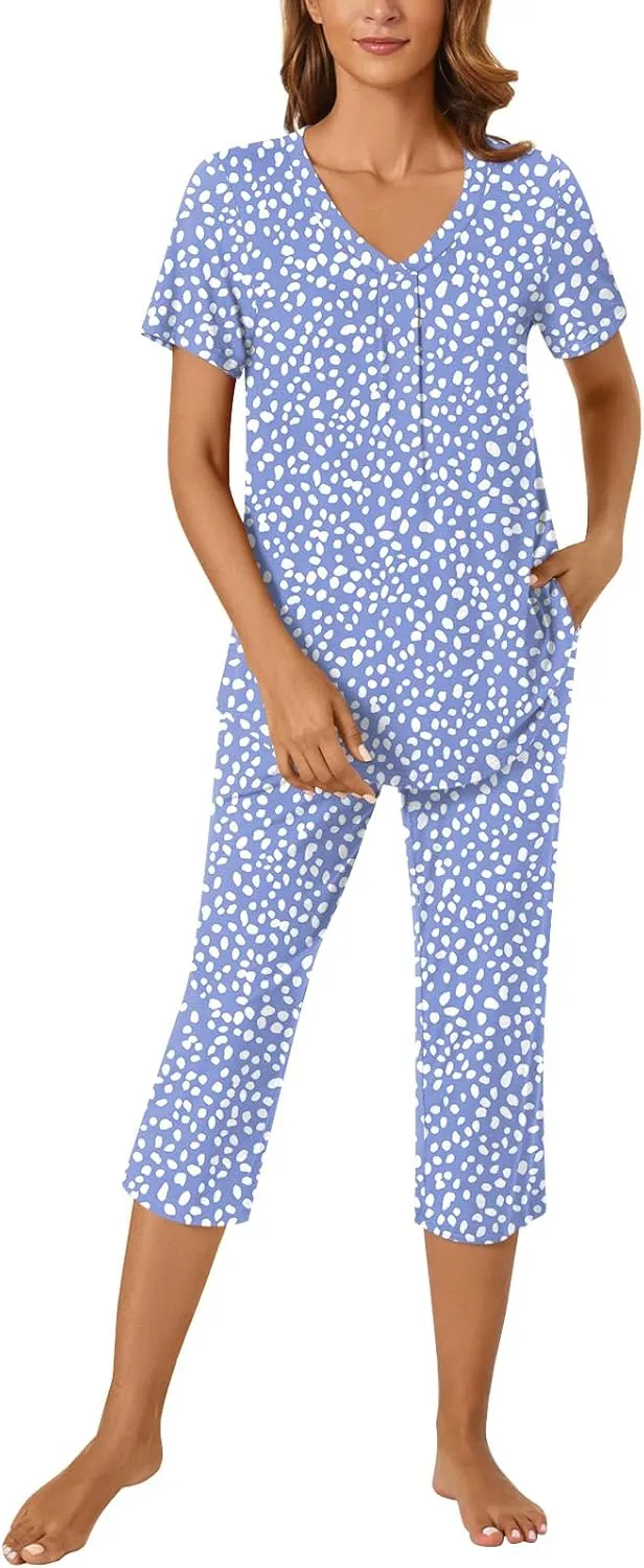 Bestbee Womens Pajama Set 2 Piece Lounge Outfits Summer Sleepwear V Neck Short Sleeve Capri Pant With Pockets Ladies Pjs