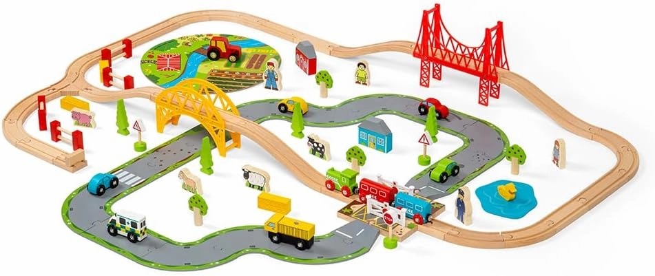 Bigjigs Rail 80 Piece Rural Road and Rail Wooden Train Set - Kids Train Set with 80 Bigjigs Train Accessories incl. Bridges & a Level Crossing for Pretend Play