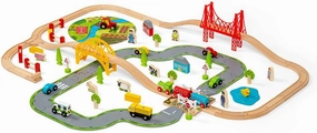 Bigjigs Rail 80 Piece Rural Road and Rail Wooden Train Set - Kids Train Set with 80 Bigjigs Train Accessories incl. Bridges & a Level Crossing for Pretend Play
