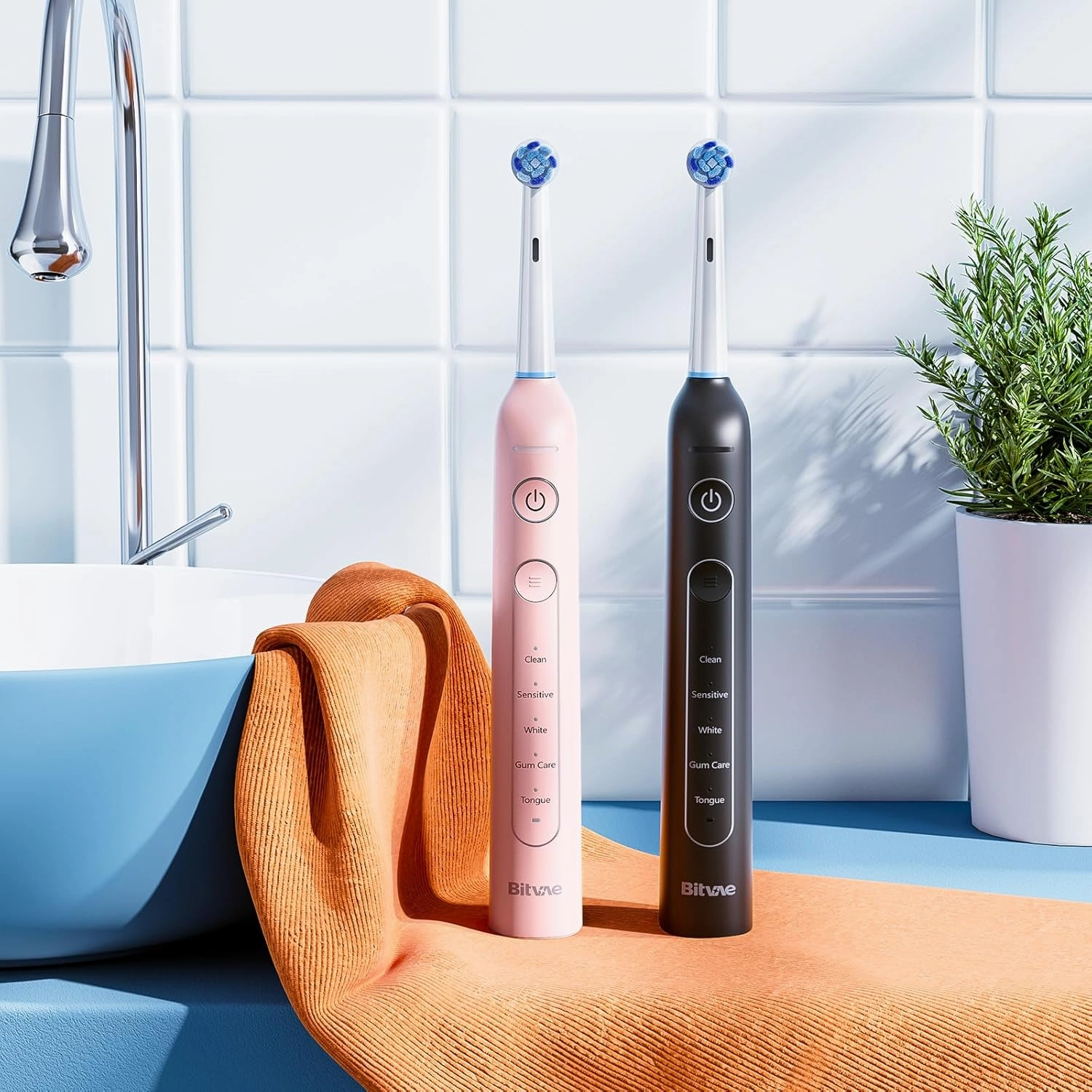 Bitvae Rotating Electric Toothbrush 2 Packs for Adults with Pressure Sensor, Gifts for Men/Women, 5 Modes Rechargeable Power Toothbrush with 8 Brush Heads, Black & Pink, R2