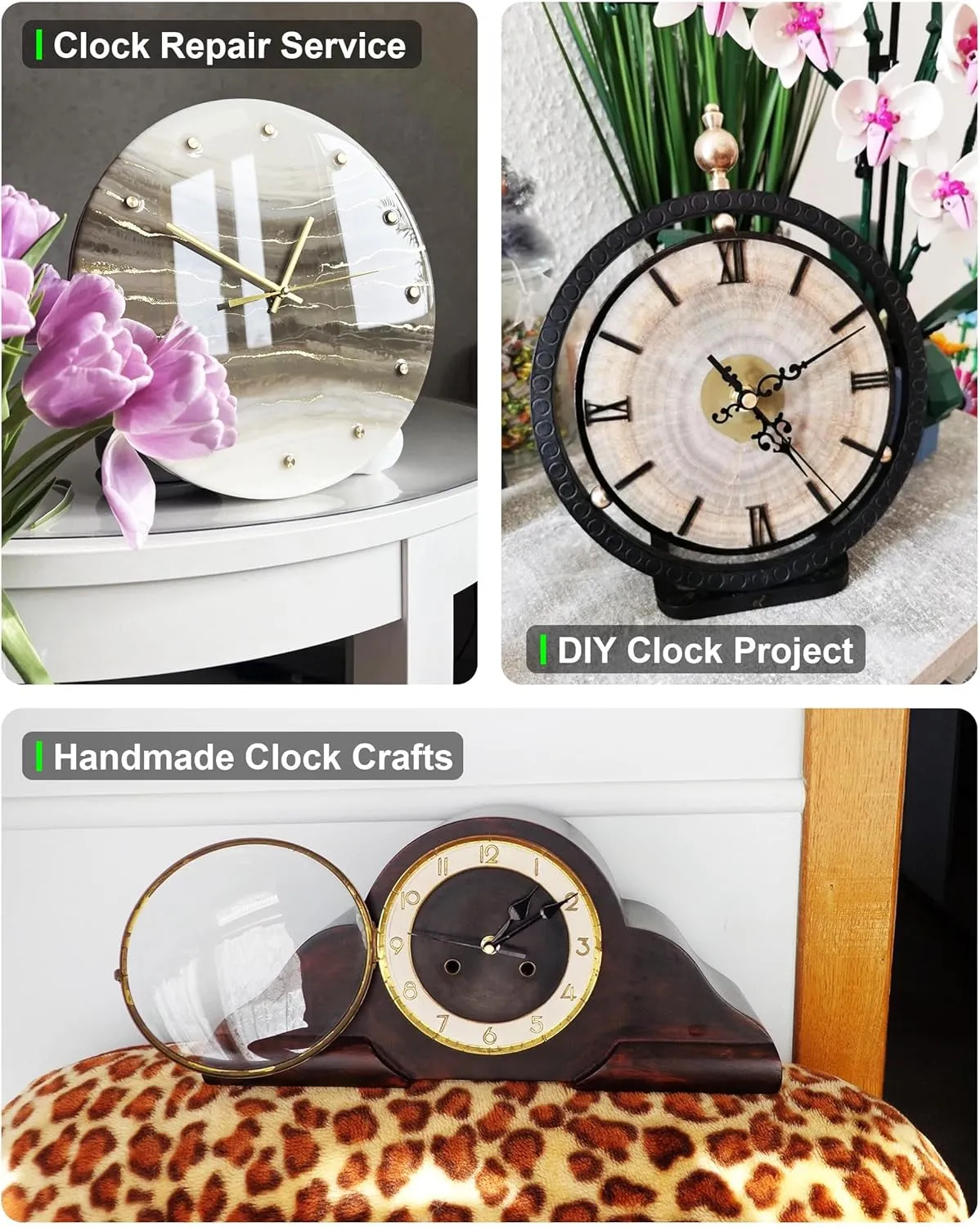Black Clock Hands and Motor Kit, Modern Pointer 8 Sets, Non Threaded Mechanism Replacement 3 Set, Analog Battery Powered Movements Skill Combo Craft Bulk Watch Hand Press Arrow Time Zone Clocks