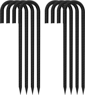 Black Metal Stakes, 8 Set J Hook Extra Heavy Duty Rebar Stake,【12 inch Long Enough】 Rust Proof Coated Steel Ground Stakes Ground Anchors, Garden Stake Metal Stakes Tent Stakes Trampoline Anchors