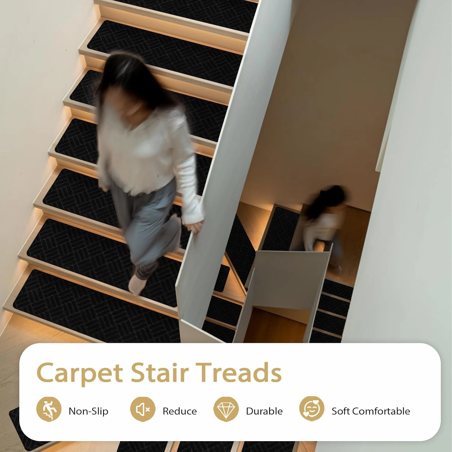 Black Stair Treads for Wooden Steps, 7 Pack Stair Treads Non Slip Indoor, 7.9" X 30" Stair Carpet Runner with Reusable Adhesive for Kids Elders Pets
