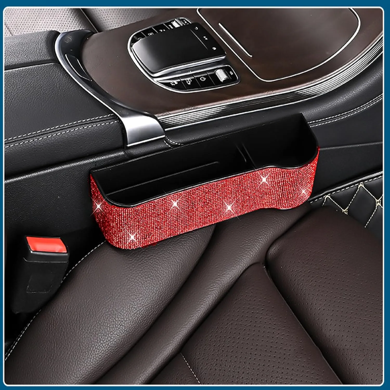 Bling Bling Car Seat Gap Filler, Car Seat Console Pockets Organizer Caddy Catcher, Crystal Auto Console Side Pouchs for Cellphone Wallet Coin Key Credit Card (Driver side & Passenger side-Red)
